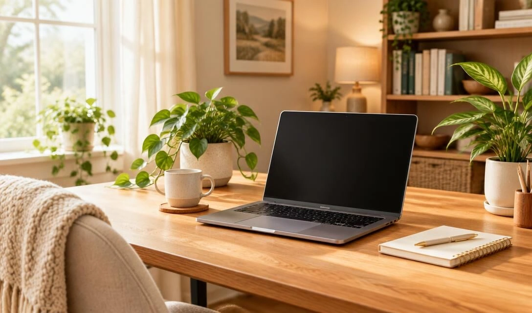 Warm home office with a laptop on a wooden desk and plants
