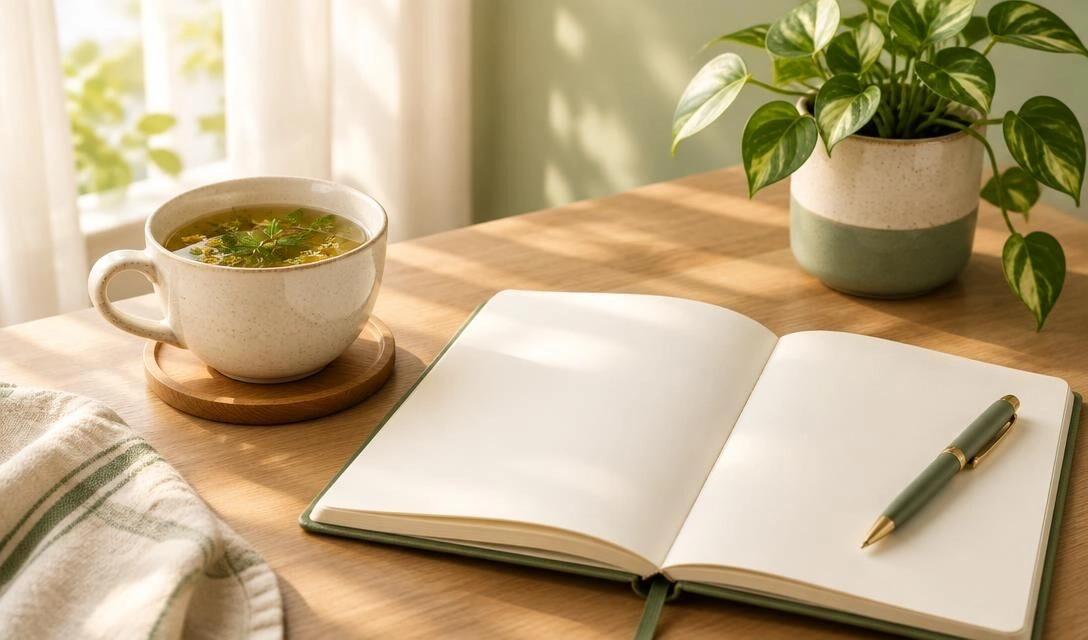 Cup of herbal tea beside an open notebook and a potted plant