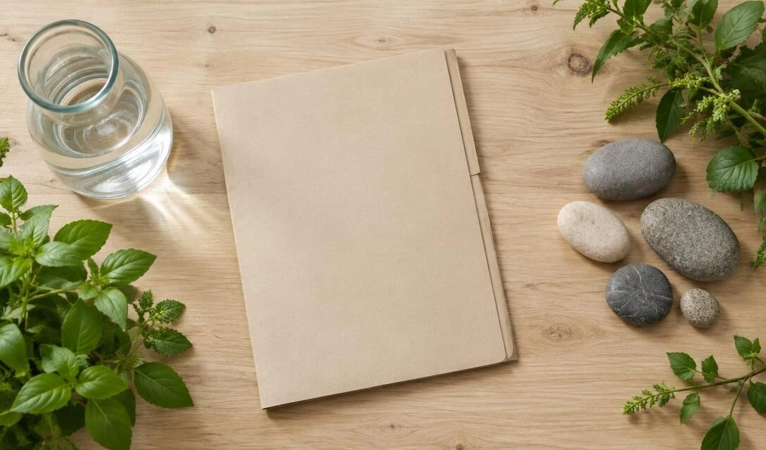 Paper folder, glass carafe of water, greens and mineral stones on light wood