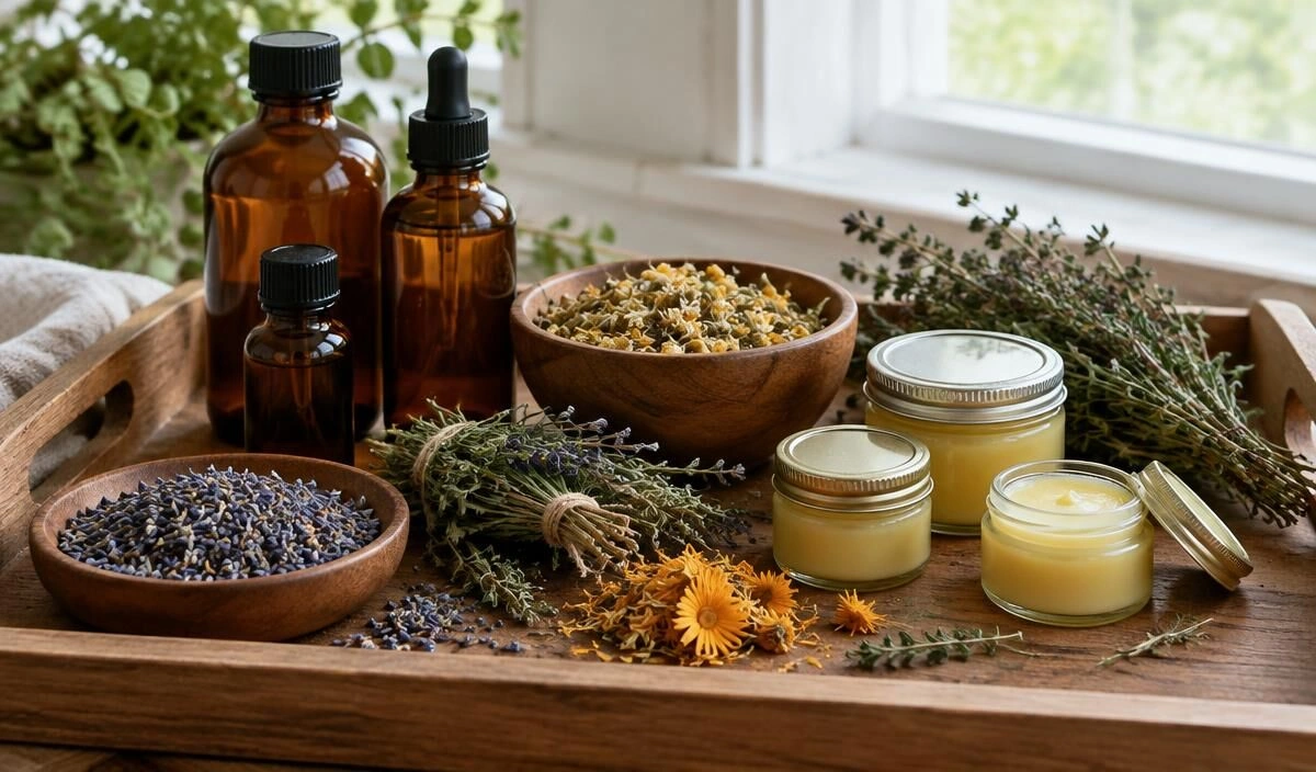 Amber glass bottles, dried herbs and small homemade balm jars on a wooden tray