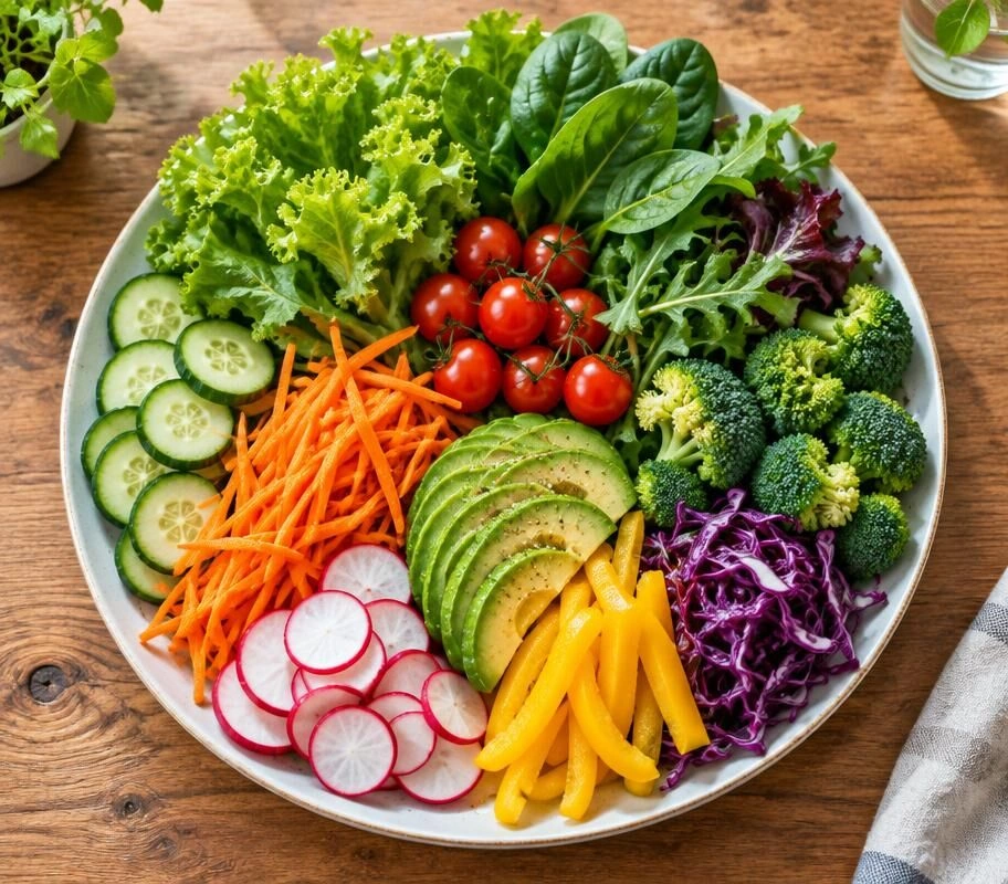 Colorful plate of fresh vegetables and greens on a wooden table