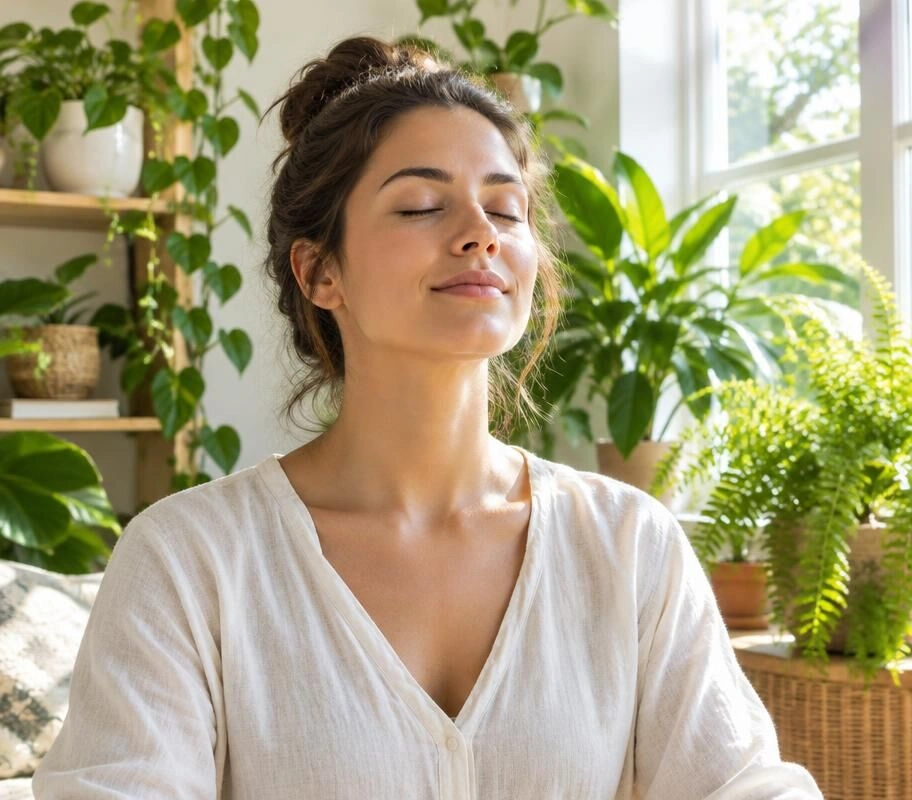 Woman breathing calmly with eyes closed in a sunlit room with plants