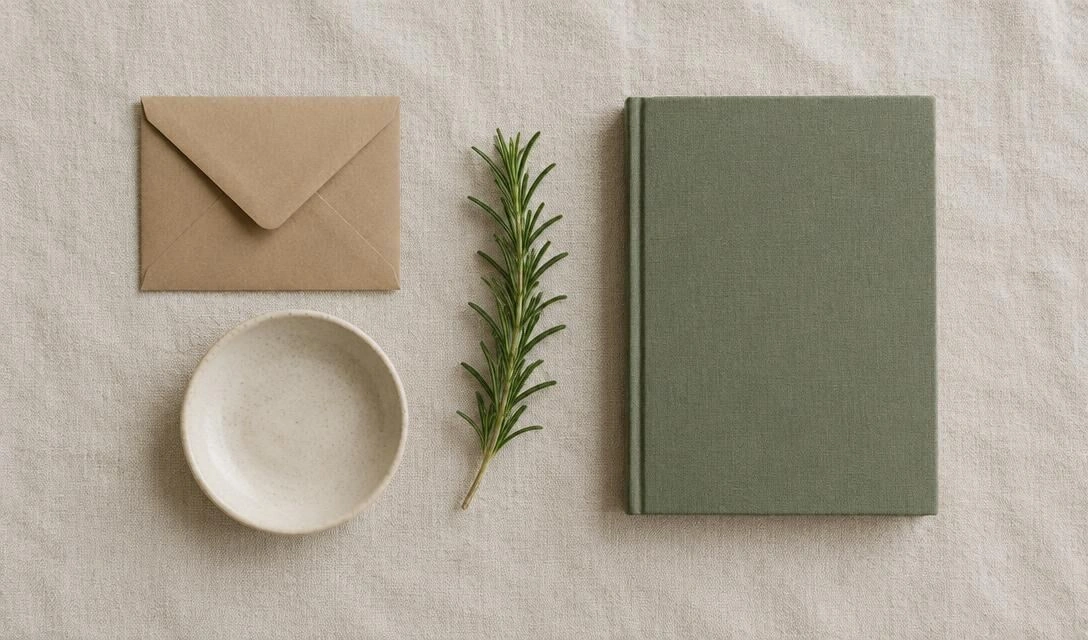 Flat lay of a kraft envelope, ceramic dish, rosemary and notebook on linen