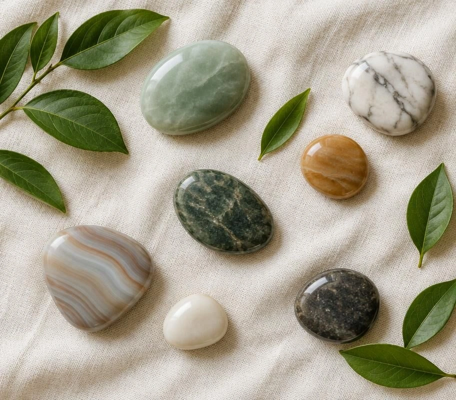 Smooth natural stones and green leaves arranged on linen