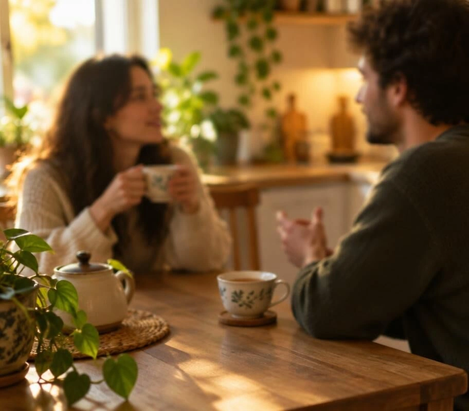 Two people talking over tea at a kitchen table