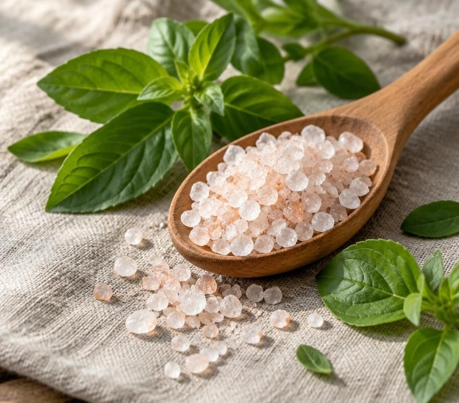 Mineral salt crystals on a wooden spoon with fresh leaves