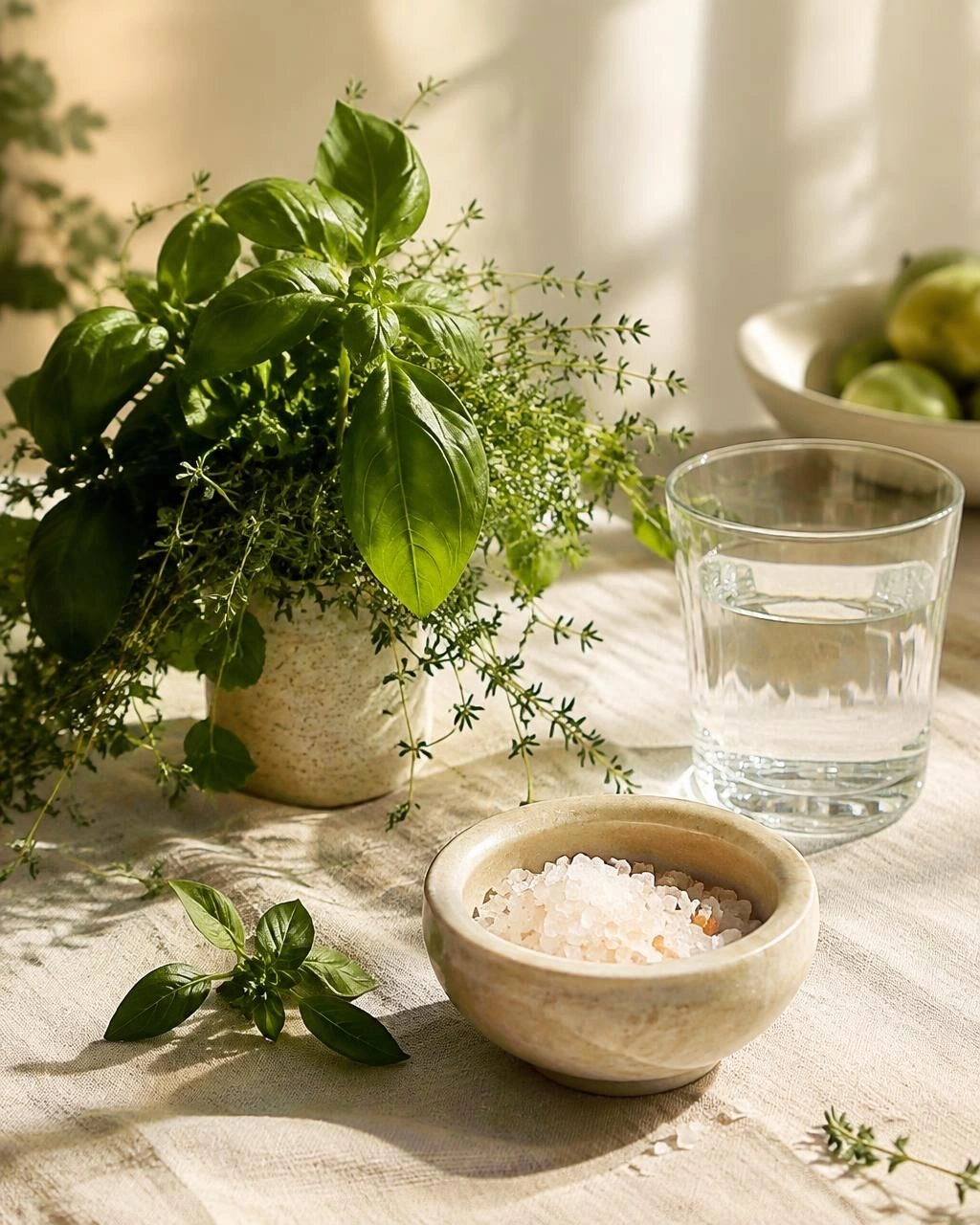 Fresh herbs, mineral salt in a stone bowl and a glass of water on sunlit linen