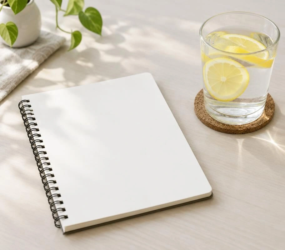 Blank notebook beside a glass of water with lemon slices